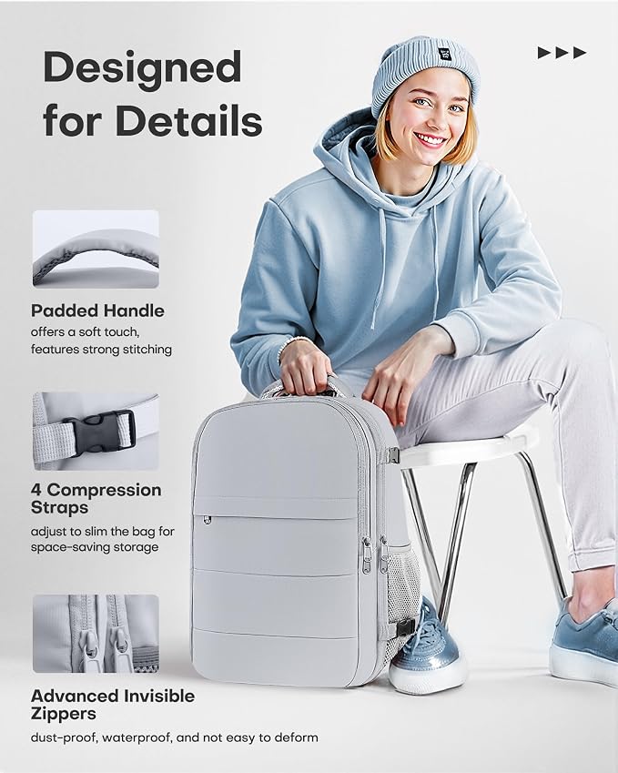 HOTOR Travel Backpack Flight Approved Bag Men Women, Medium Grey | TSA Carry on Luggage, 15.6inch Laptop, Casual Daypack Travel Essentials Nurse Bag for Work, Business, Weekender, College
