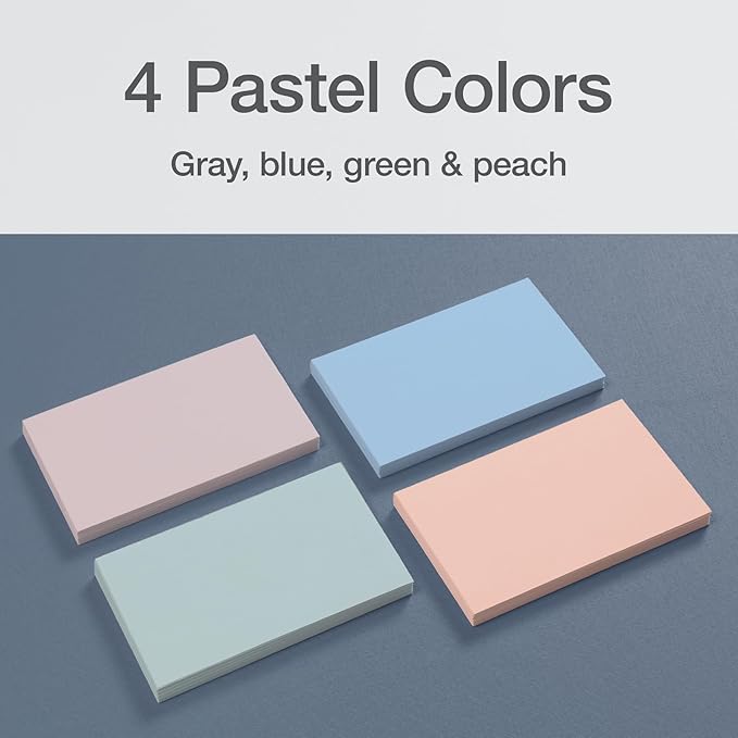 Oxford Blank Index Cards, Blank Note Cards, Flashcards for School, 4 Assorted Pastel Colors: Gray, Peach, Light Blue and Light Green, 3 Inch x 5 Inch, 200 Cards Per Pack (1017487)