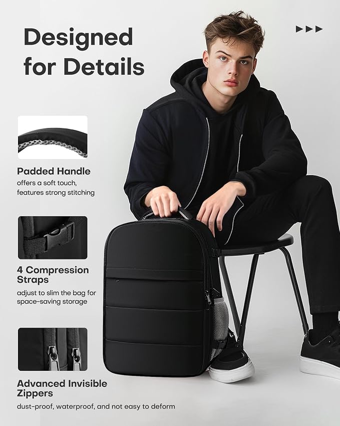 HOTOR Travel Backpack Flight Approved Bag Men Women, Large Black | TSA Carry on Luggage, 15.6inch Laptop, Casual Daypack Travel Essentials Nurse Bag for Work, Business, Weekender, College