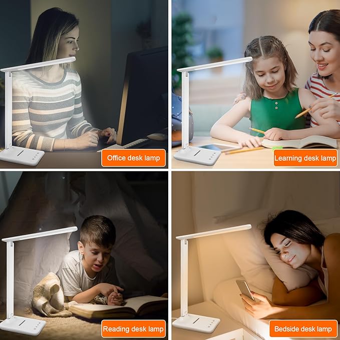 shinelife LED Desk Lamp for Office Home, Bright Desk Light with USB Charging Port, Adjustable Dimmable Desk Lamps 5 Modes 5 Brightness, Touch Study Lamp for Nail, Craft, Puzzle, Sewing, Study, White