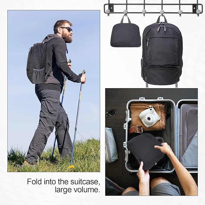 HOLYLUCK 20L Lightweight Packable Hiking Daypack Foldable Backpack for Men Women Small Travel Outdoor Foldable Shoulder Bag-black