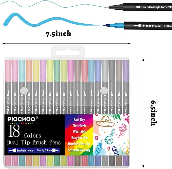 Piochoo 18 Colors Dual Tip Markers, Fine Point & Brush Tip for Adult Coloring Books, No Bleeding, Art Supplies