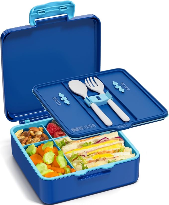 Fimibuke Bento Lunch Box for Kids, Toddler Bento Box with 4 Compartments | Leak Proof BPA Free Dishwasher Safe Lunch Container with Utensils, Ideal Portion Sizes for Ages 3-12 Girls Boys for School