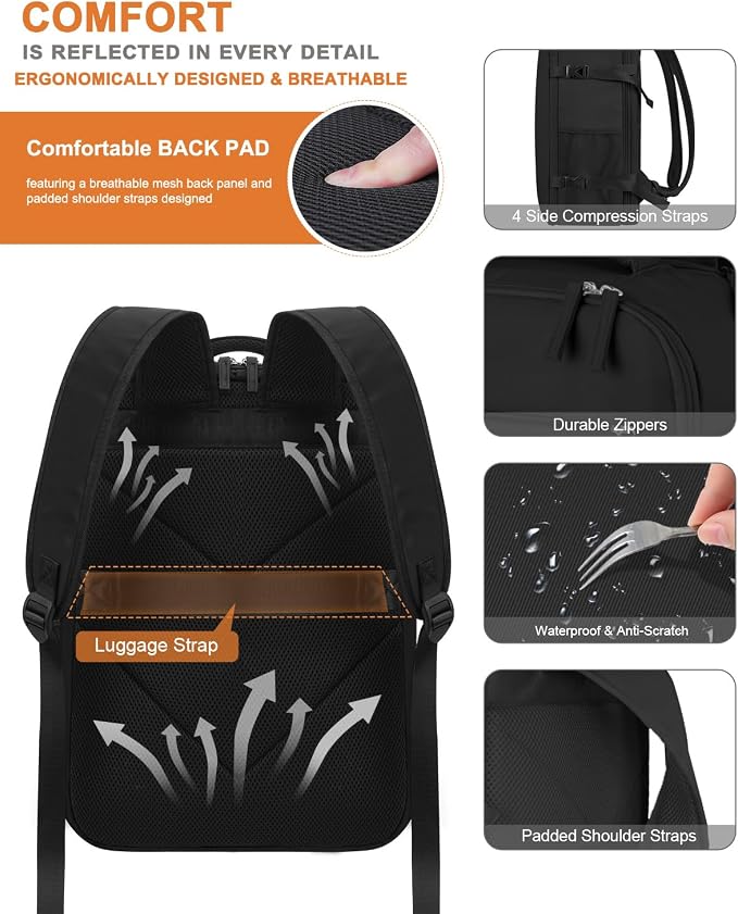 Capolo Travel Backpack for Women Men Waterproof Laptop Backpack Airlines Approved Personal Item Backpack Bag Computer Bookbag for Business, Work, Traveling Fits 15.6 Inch Laptop(Black Zipper)