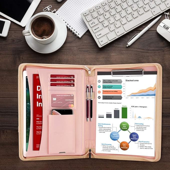 Darolin Vegan Leather Padfolio Portfolio with Handle & Clipboard, Zippered Business Portfolio Organizer for Meetings, Interviews & Travel, Fits A4 & Letter Size, Padfolio for Men Women (Rosegold)