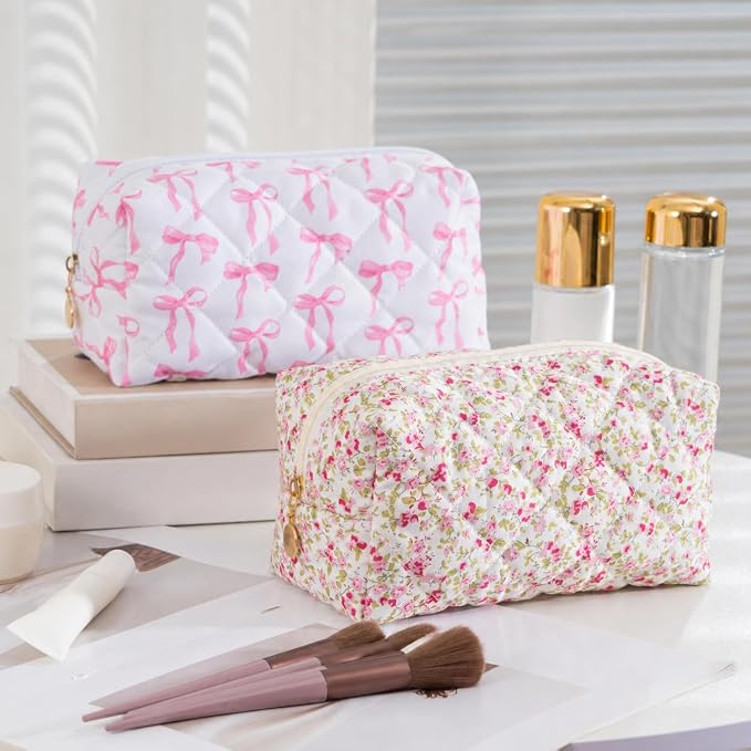 Makeup Bag Travel Toiletry Bag for Women, Small Cosmetic Bags Cute Quilted Cotton Makeup Pouch for Purse Emergency Bag Pencil Case Accessory Bag, Ribbon Bow