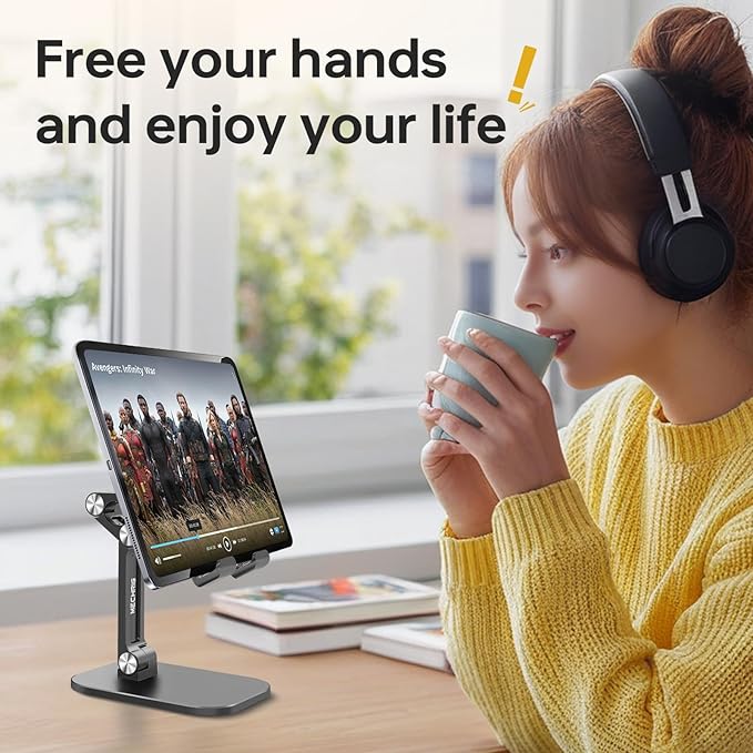 Foldable Phone Stand for Desk - Adjustable Height & Angle Cell Phone Holder, Portable Tablet Stand with Anti-Slip Base for Home, Office, and Travel, Compatible with iPhone & All 4-11" Devices (Black)