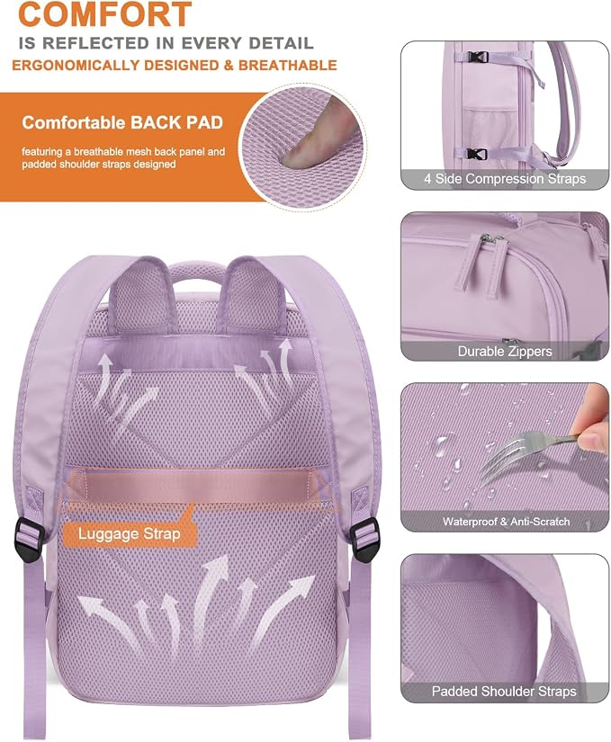 Capolo Travel Backpack for Women Men Waterproof Laptop Backpack Airlines Approved Personal Item Backpack Bag Computer Bookbag for Business, Work, Traveling Fits 15.6 Inch Laptop(Purple)