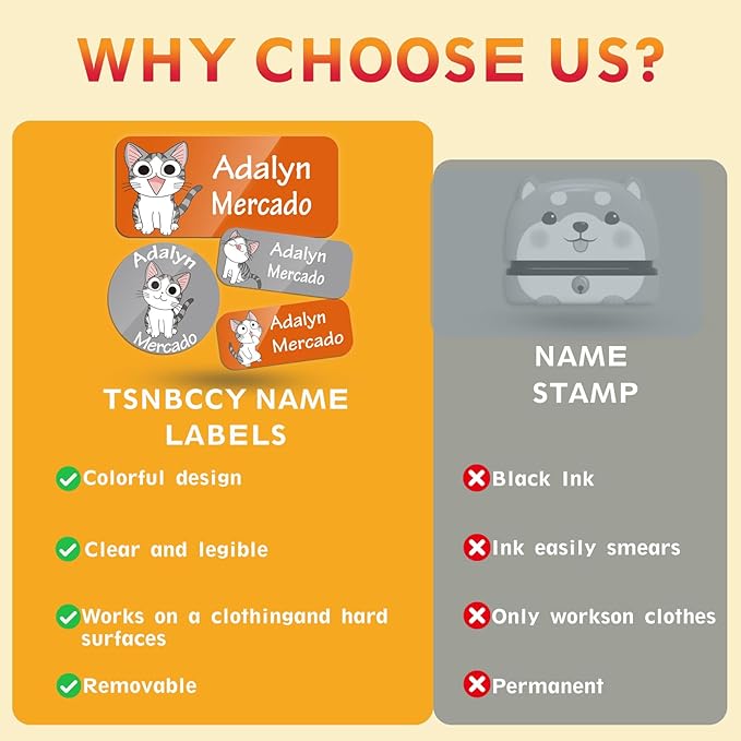 Custom Personalized Name Labels for Kids-(200-1000Labels) Waterproof Name Stickers Tags for School&Daycare,Clothing Tags,Washable&Durable Labels for Lunch Boxes, Bottles,Toys&GEA (Cat)