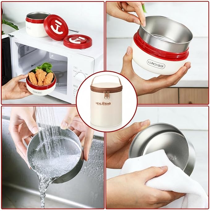 Dandat 2 Pcs Portable Insulated Lunch Containers Thermal Bento Box with Bag Fork Knife Microwavable Stainless Steel Lunch Box 15.2 oz 21 oz Separate Stackable Food Jar for Adult Men Women(Red)