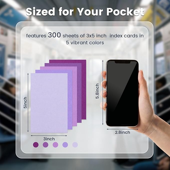 300 Count Index Cards 3 x 5 Inch, Purple Flash Cards for Studying, Cute Notecards for Home, Office, Recipe, School, College Supplies, To Do List, 5 Purple Colors