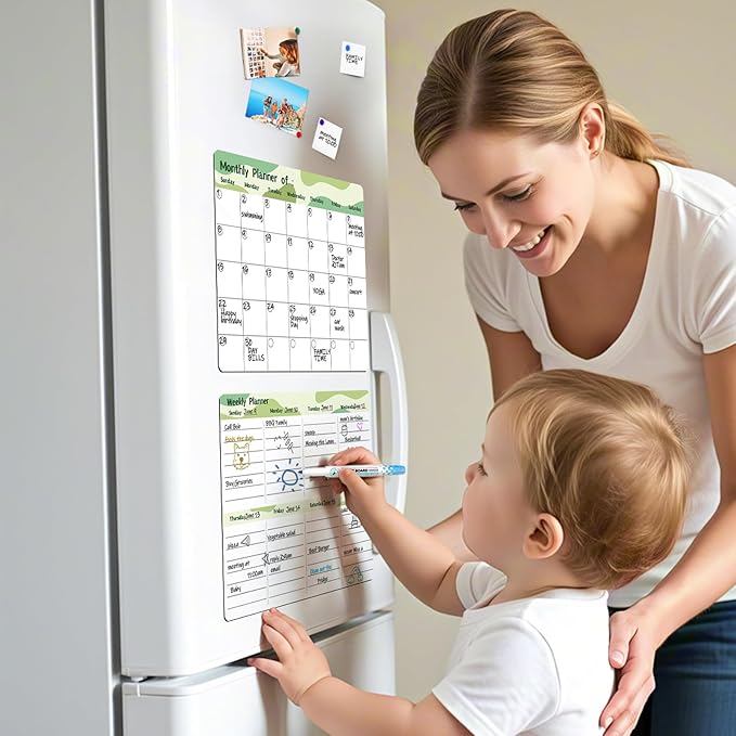 MARSROCK Refrigerator Calendar Magnetic, 16.3x11.7” (4-Pack) – Weekly & Monthly Planner, Chore Chart, Grocery/to-Do List for Fridge, Includes 8 Markers, 6 Magnets & 1 Eraser for Kitchen, Green