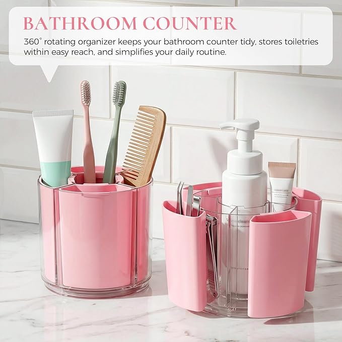 KONVINIT Pink Pen Holder for Desk, 5 Slots 360° Rotating Pen Organizer, Cute Desk Organizers and Accessories for School, Home, Office and Art Supply