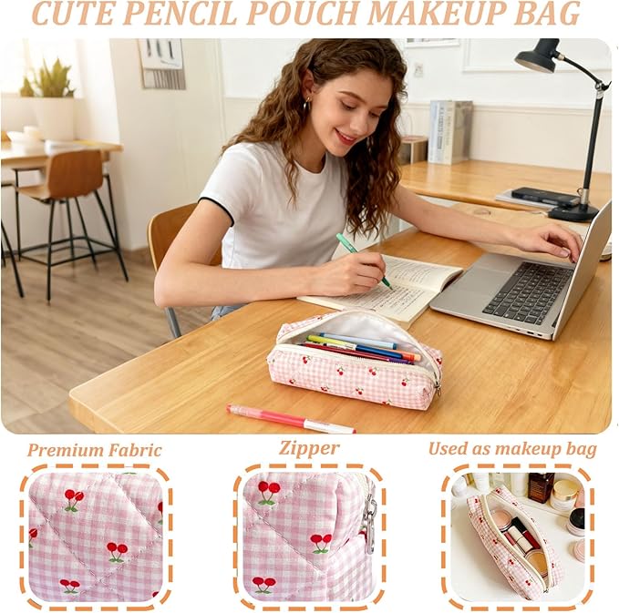 Pencil Pouch Cute Pencil Case Office Storage Bag Holder Box Organizer Aesthetic Bow Flower Pattern Makeup Pouch Cosmetic Bag for Women Girls (Pink plaid+Cherry)