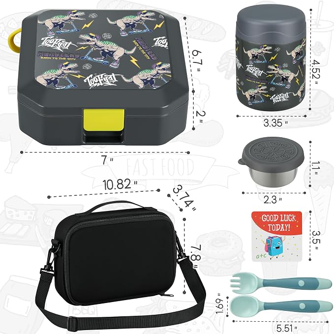 Itslife Bento Lunch Box Set for Kids with 12oz Soup Thermo&Lunch Bag, Leak-Proof Lunch Food Containers for Kids School, 5 Compartment, Sauce Cup, 10 Notes (Grey Dinosaurs)