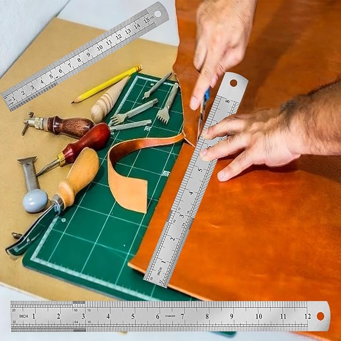 3 Pack Metal Ruler, Double-Sided Scale【6,8,12inch & 15,20,30cm】 Steel Ruler Set for Architects, Home, School, Office and Craft