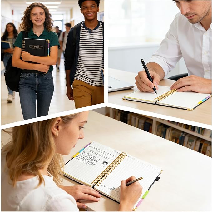 M&G Hardcover Spiral Notebook, 5 Subject Noteboook College Ruled 300 Page, Large 8"x10" B5 Notebooks for Work School, Lined Journal for Women & Men, Black