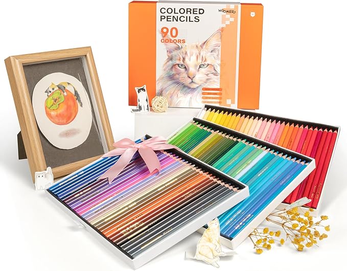 Woomer Colored Pencils: 90 Colors, 3.8mm Soft Core, Smooth as Cream, Lightfast Rating Marked on Every Pencil, Not Easy to Break, Open Inventory, Slide-Out Drawer Case