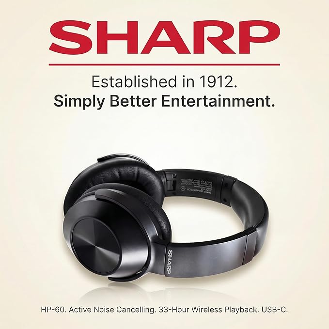 Sharp Noise Cancelling Bluetooth Headphones | Wireless Over Ear Headphones | Bluetooth Headset with Microphone | 20 Hours of Talk & Music Time | 33 FT Operating Range | HP-60(K), Black