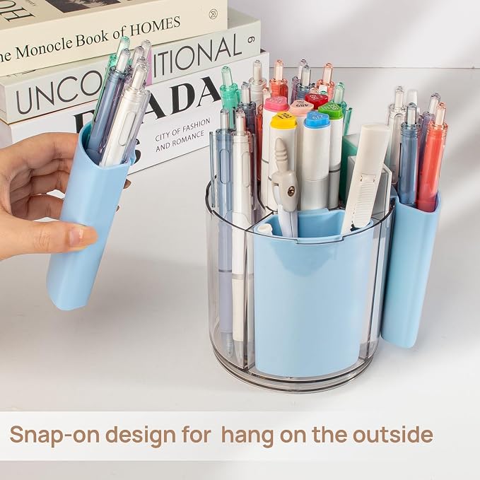 360° Rotating Pen Holder for Desk Adjustable Pencil Organizer, Blue | Plastic Pen Cup for Women Cute Office Supplies and Accessories Desktop Storage Box Art Caddy for School, Work, Home