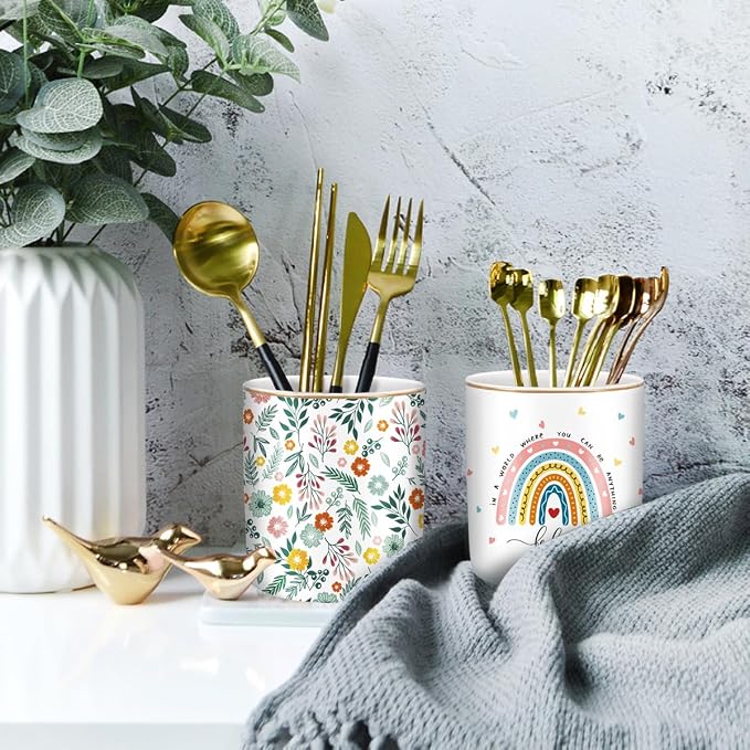 Pen Holder, Ceramic Durable Pencil Cup for Desk, Simple&Modern Style Makeup Organizer, Cute Multifunctional Office Supplies for Home, Kids and School, Rainbow Pattern