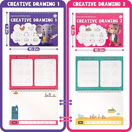 Magic Grooved Writing Practice Books, Reusable 3D Grooved Handwriting Practice for Kids Ages 3-5, Disappearing Ink Pens & Grips, Perfect Educational Gift