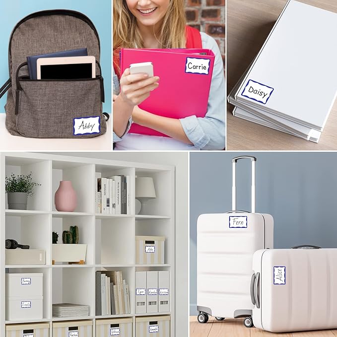 390Pcs Name Tags, 3in x 2in Name Tag Stickers, Name Tags Sticker for School Office Home(White with Blue Border)