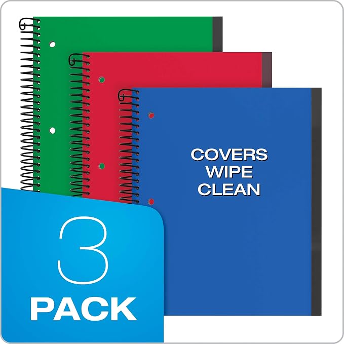 Oxford Spiral Notebook 3 Pack, 3 Subject, College Rule, Durable Plastic Covers, Strong Coil, 3 Durable Pockets, 8.5 x 11, 150 Sheets,3 Pack, Blue, Red, Green (89803)