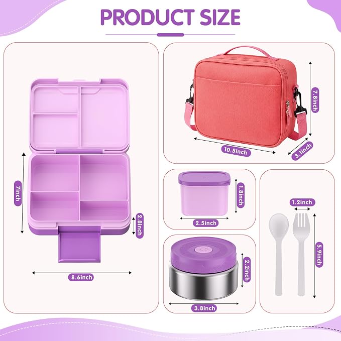 HOMETALL Bento Lunch Box for Kids with 8.5oz Insulated Food Jar, Leakproof Bento Boxes Lunch Bag for Ages 3 to 14 Back to School, Lunchbox Snack Containers Reusable Daycare Meal Prep,Purple