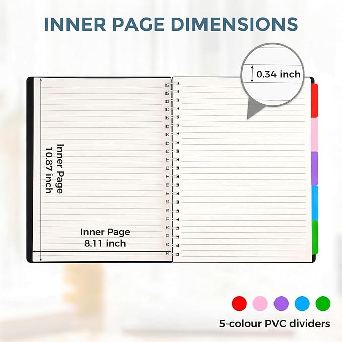 Subject Notebook Wide Ruled, 8.5x11inch Hardcover 5 Subject Lined Spiral Notebook with Dividers Tabs for School Note Taking Office Journal, 220 Pages, Black