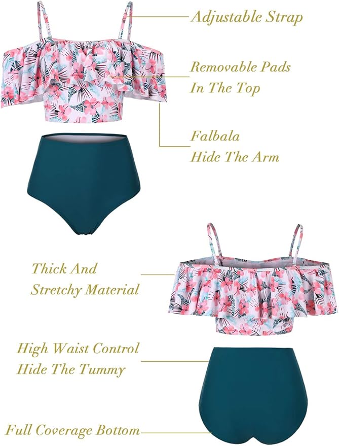 Kaei&Shi High Waisted Flounce Bikini Set,Tummy Control Swimsuits for Women,Off Shoulder