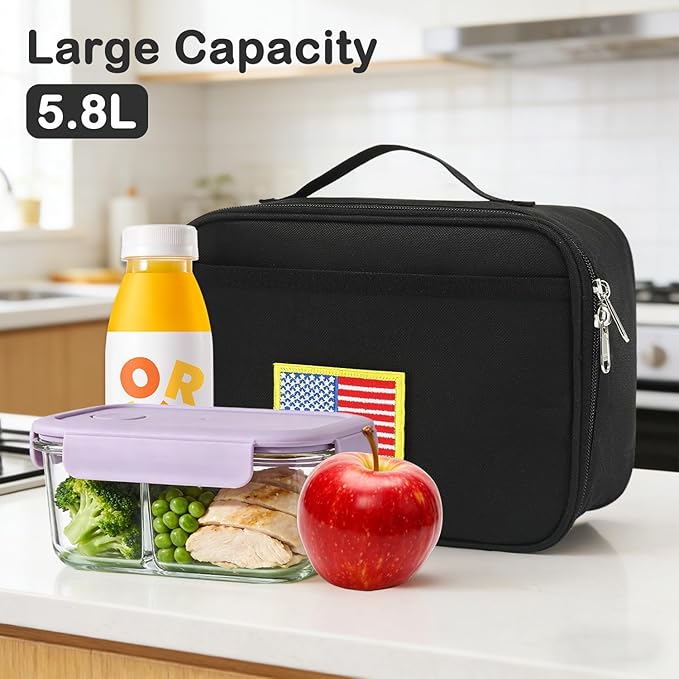 FlowFly Kids Lunch box Insulated Soft Bag Mini Cooler Back to School Thermal Meal Tote Kit for Girls, Boys, Black Free USA Flag Patch Included