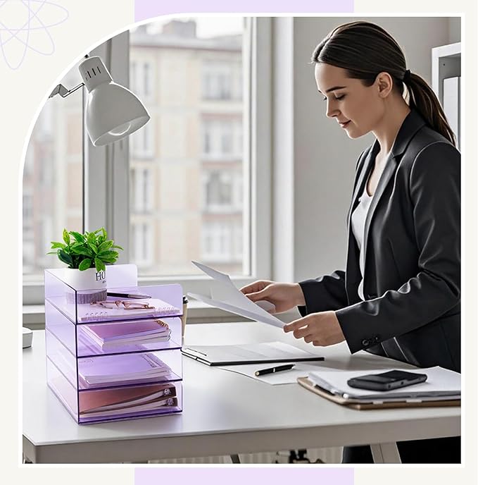 Harloon 4 Tier Clear Purple Acrylic Paper Organizer Letter Tray, Aesthetic Stackable Desk File Organizer Paper Holder Office Tray for A4, Modern Classroom Home Office File Pad Books Notes