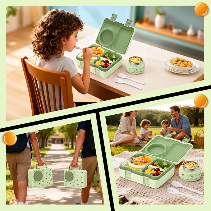 Kids Insulated Lunch Box with 8OZ Thermo Food Jar | Leakproof Bento Box with Ice Pack Sauce Cup Utensils Removable Tray & Dividers for School Daycare Travel, Dinosaurs
