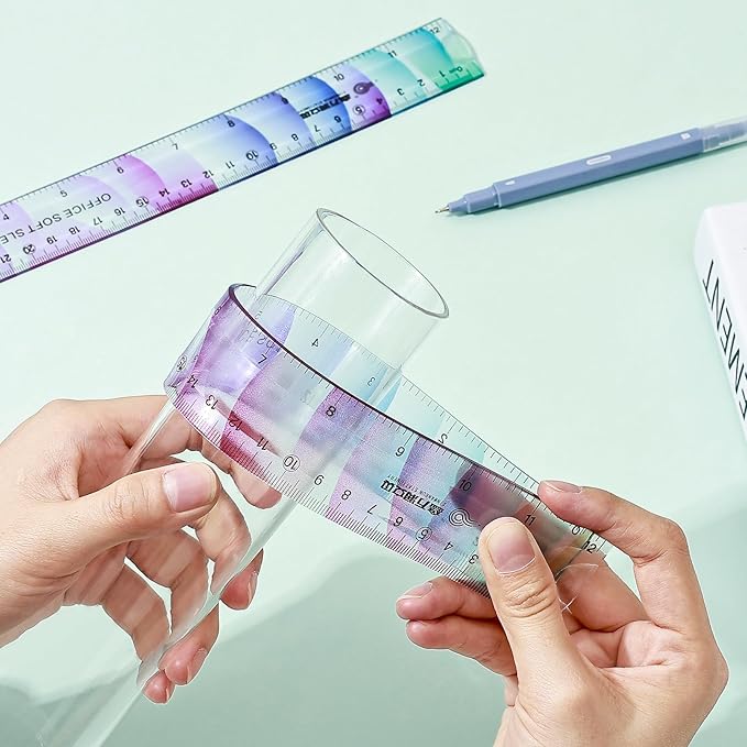 BAYTORY 6Pcs Flexible Plastic Ruler 30 cm /12 Inch, Plastic Ruler for School, Transparent Assorted Color Rulers with Inches and Centimeters, Soft Bendable Rulers for School & Office (30 cm / 12 Inch)