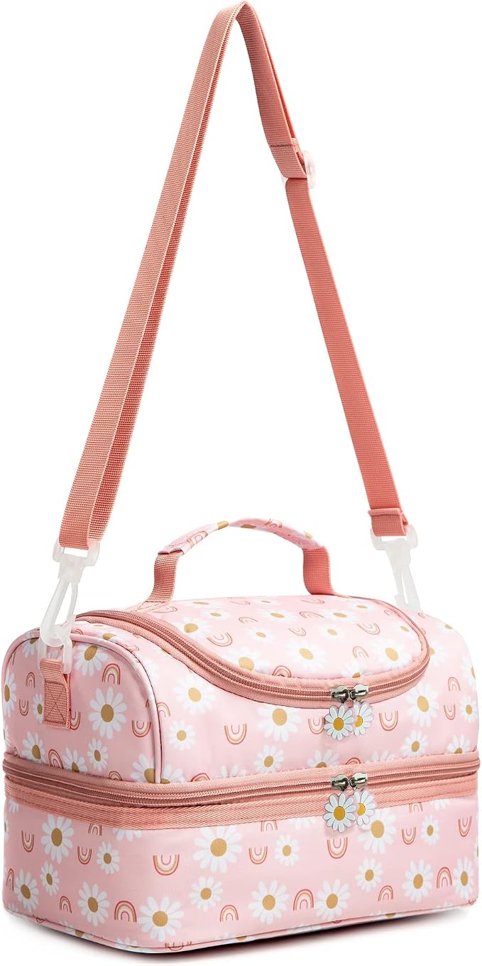 Insulated Kids Dual Compartment Lunch Bags Tote for Girls Boys Toddler Lunch Boxes Pre-School Toddler Kindergarten Elementary Picnic Food Cooler Thermal with Strap (Rainbow Daisies)