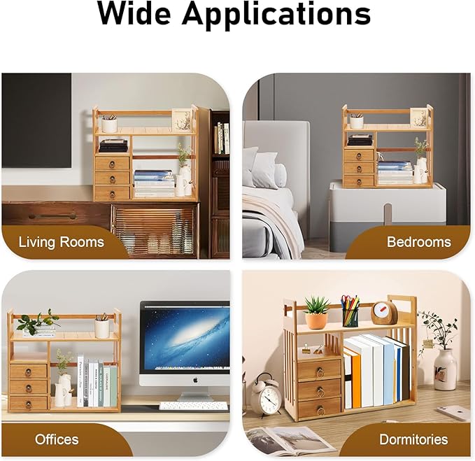 Bamboo Desktop Bookshelf, Organizer Office Desk Storage Display Shelf Rack with 3 Drawers Desk File, Office Counter Top Bookcase for Home School