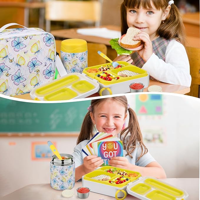 wiwens Bento Lunch Box for Kids with 12oz Soup Thermo Leak-Proof Lunch Food Container with 5 Compartment Thermo Hot Food Jar and Insulated Lunch Bag for Kid Toddler Girls Boys to School