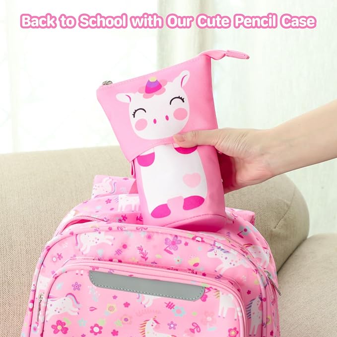 Standing Pencil Case Girls - Telescopic Pouch for Kids, Cute Kawaii Pencil Case for Girls, Big Capacity Stand Up Pencil Pouch for Kids, Pink Unicorn
