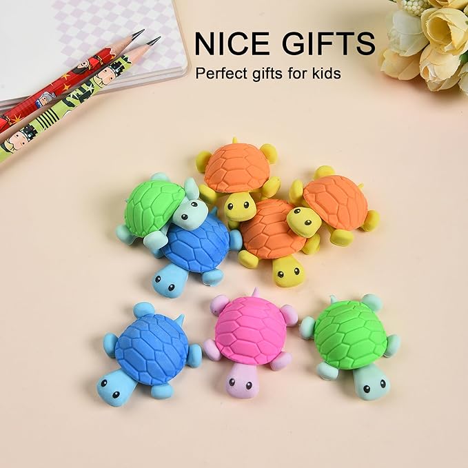 HILAZA 16 Pcs Cute Turtle Pencil Erasers for Kids, Novelty Rubber Turtle Desk Pet Erasers for Classroom Favors Party Supplies