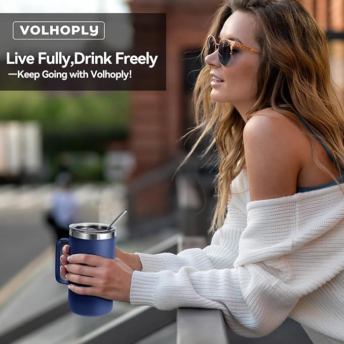 Volhoply 22oz Insulated Stainless Steel Coffee Mug with Leakproof Lid,Double Wall Vacuum Travel Coffee Cup with Handle,Reusable Metal Tumbler,Camping Mugs Keep Hot&Cold(Navy,1)