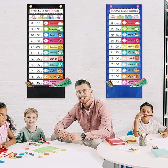 Daily Schedule Pocket Chart, class schedule, with 15 Dry-Eraser Cards - 13 Pockets for Classroom & Home (Black)