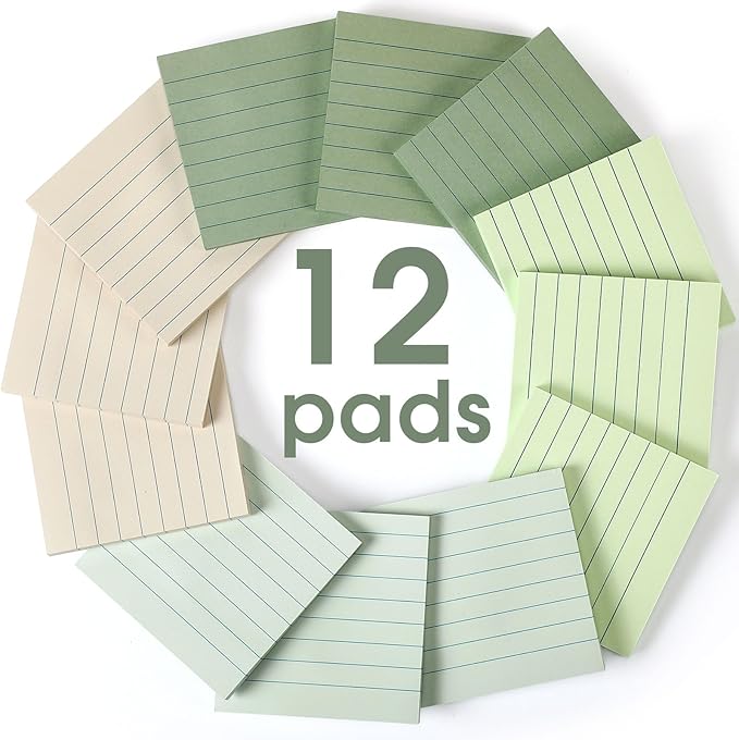 AmazingSpark 12 Pack Sage Green Lined Sticky Notes 3x3 inch Post Ruled Stickies Super Self Stick Power Memo Pads Multi Colors Notes Pads Vintage Aesthetic School Office Supplies Accessories