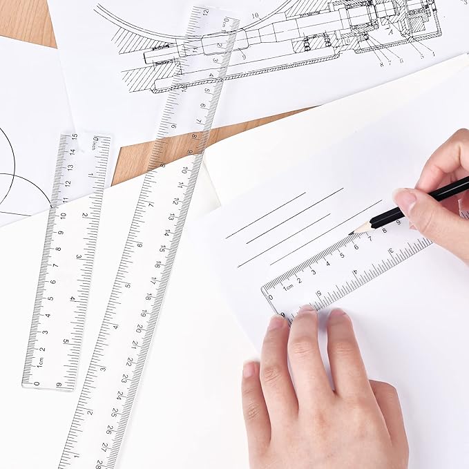 Unjoo Clear Plastic Ruler 6 Inch+12 Inch Straight Ruler, Shatterproof Rulers with Inches and Centimeters for School Classroom, Home, or Office (2pcs)