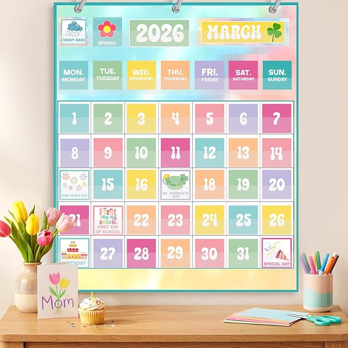 Tinlade Classroom Calendar Pocket Chart Set with 115 Cards 24 x 28 Inch Rainbow Pastel Calendar Bulletin Board Pocket 2026-2033 Festival Weather Teacher Supplies for Back to School Wall Decoration