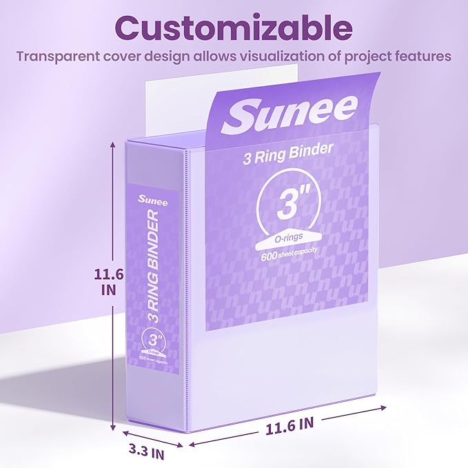 SUNEE 3 Ring Binder 1 Inch 2 Pack, Clear View Binder Three Ring PVC-Free (Fit 8.5x11 Inches) for School or Office Supplies, Purple
