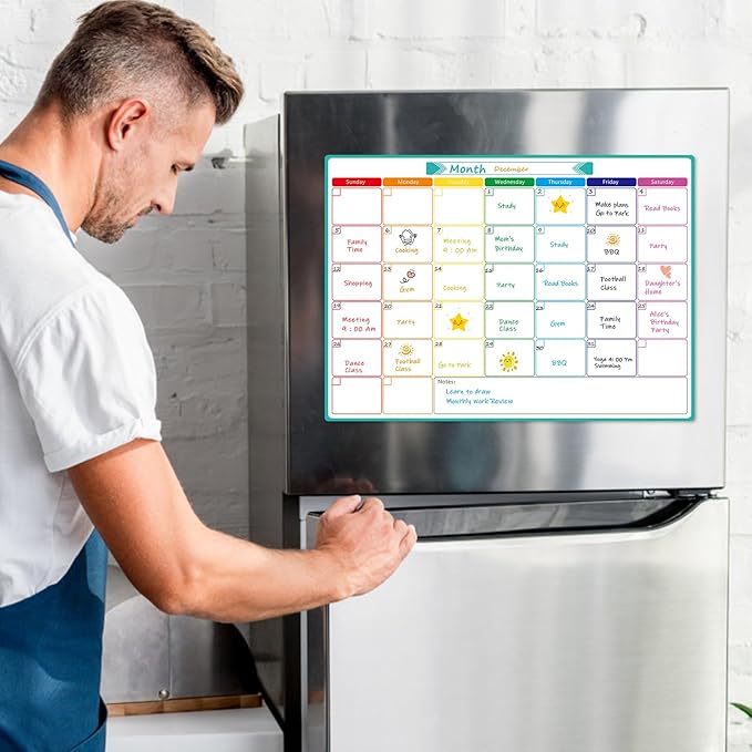 MaxGear Monthly Magnetic Calendar for Fridge, 16" X 12" Fridge Calendar Whiteboard, Reusable Magnetic Dry Erase Calendar White Board Planner for Refrigerator with 7 Fine Point Markers, 1 Eraser