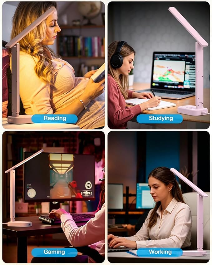 One Beat Small LED Desk Lamp Power Strip 5ft Extension Cord with 3 Outlets 4 USB Ports(2 USB C), 4 Modes, 5 Level Touch Lamp Study Reading Light, Home Office Bedroom College Dorm Room Essentials, Pink
