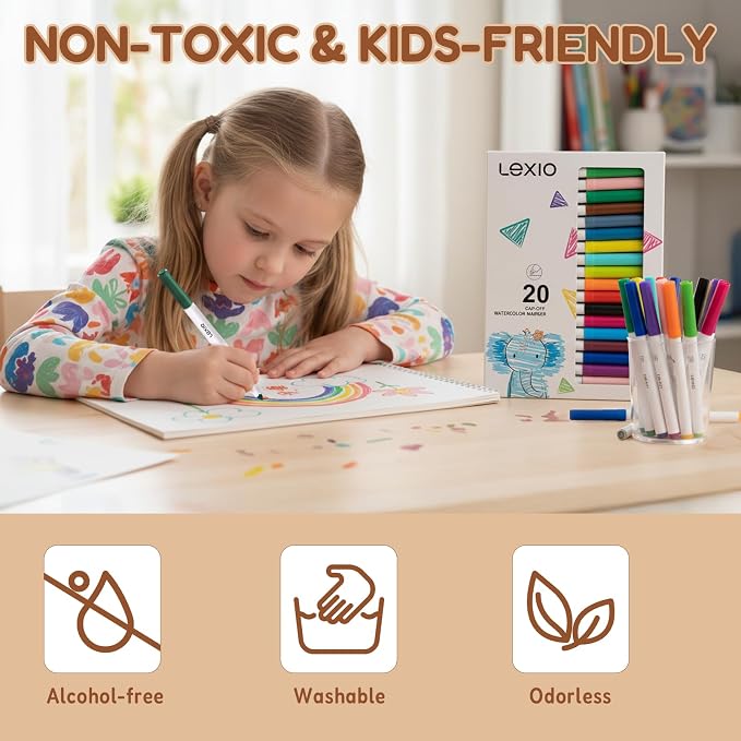 Lexio 20 Colors Washable Markers For Kids & Toddlers, Non Toxic Markers