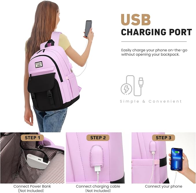 WINDARS School Backpack for Teen Girls, Cute College Backpacks for Women Students Aesthetic Bookbag Large 15.6 Inch Laptop Bag Middle School Travel Back Pack (Black Purple)